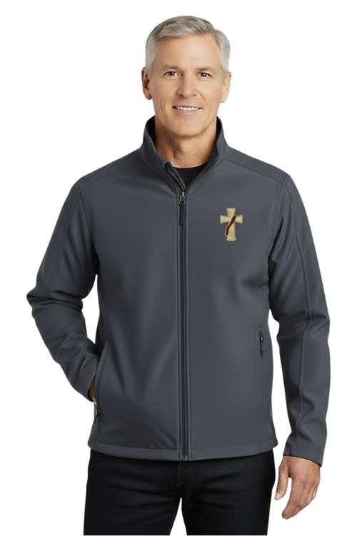 Lightweight all weather jacket with embroidered deacons cross in battleship grey color.