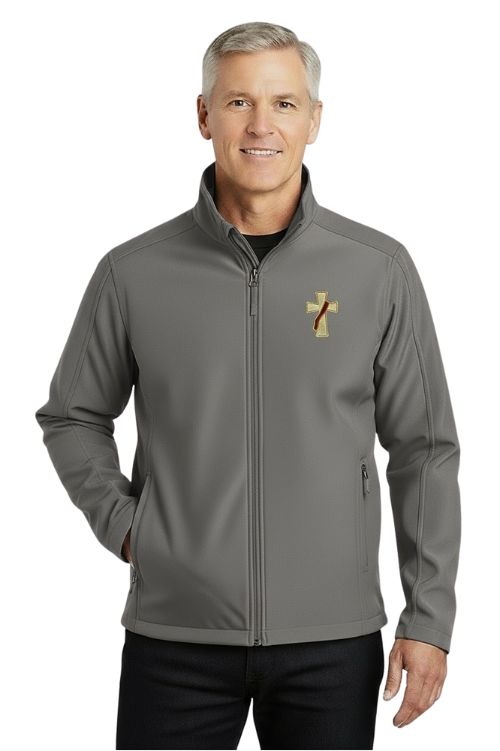 Lightweight all weather jacket with embroidered deacons cross in deep smoke color.