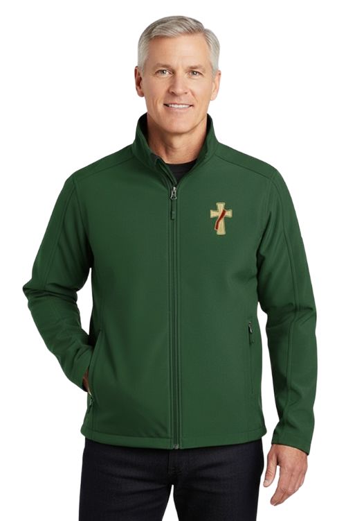 Lightweight all weather jacket with embroidered deacons cross in forest green color.