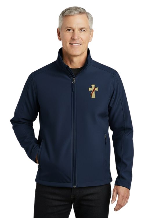 Lightweight all weather jacket with embroidered deacons cross in navy blue color.