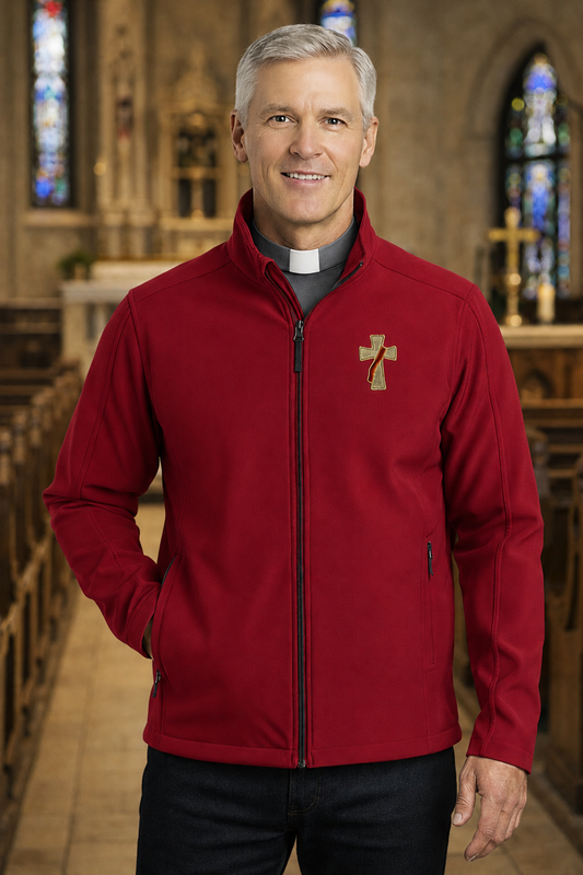 Man wearing a red deacon jacket with a logo in a church setting