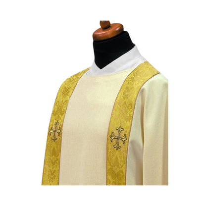 Deacon dalmatic with embroidered cross on brocade bands. Made in Poland and sold by The Clergy Store