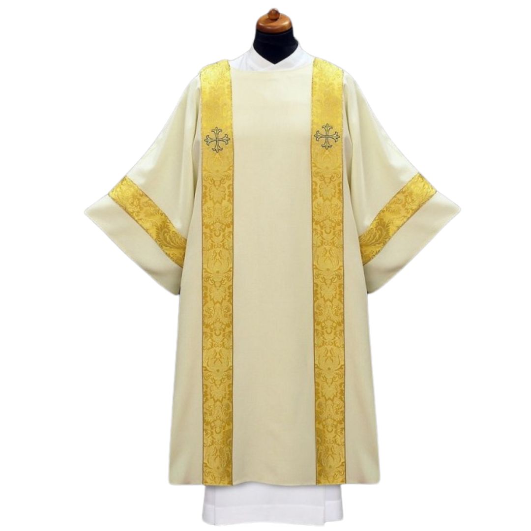 Deacon dalmatic with embroidered cross on brocade bands. Made in Poland and sold by The Clergy Store