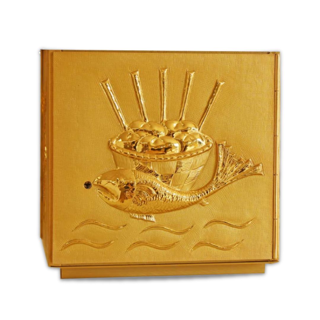 Single door tabernacle with  a design of Fish and Loaves Made in Italy and sold by The Clergy Store