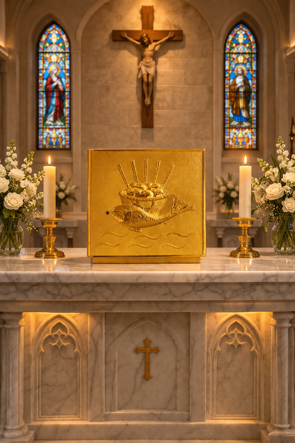 Single door tabernacle with  a design of Fish and Loaves Made in Italy and sold by The Clergy Store