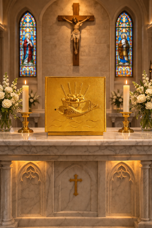 Single door tabernacle with  a design of Fish and Loaves Made in Italy and sold by The Clergy Store