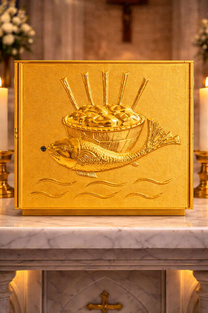 Single door tabernacle with  a design of Fish and Loaves Made in Italy and sold by The Clergy Store