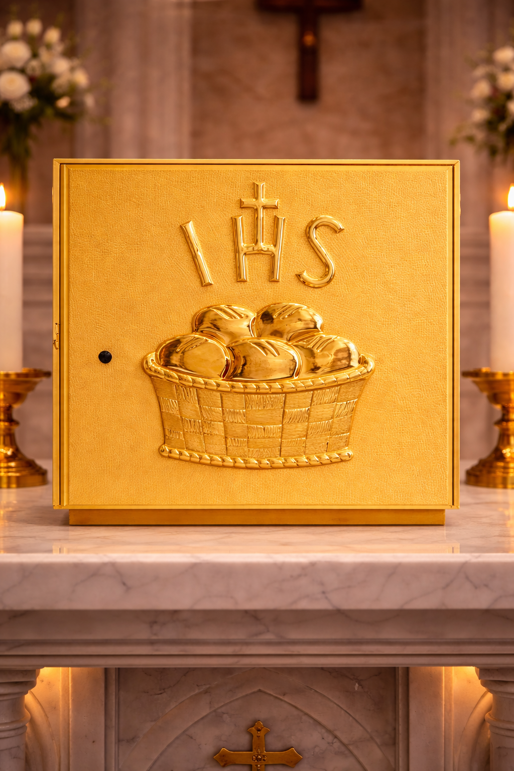 Single door gold plated tabernacle with loaves and IHS. Made in Italy and sold by The Clergy Store