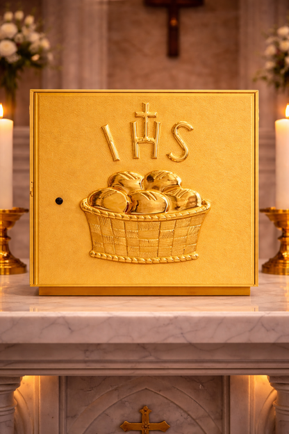 Single door gold plated tabernacle with loaves and IHS. Made in Italy and sold by The Clergy Store