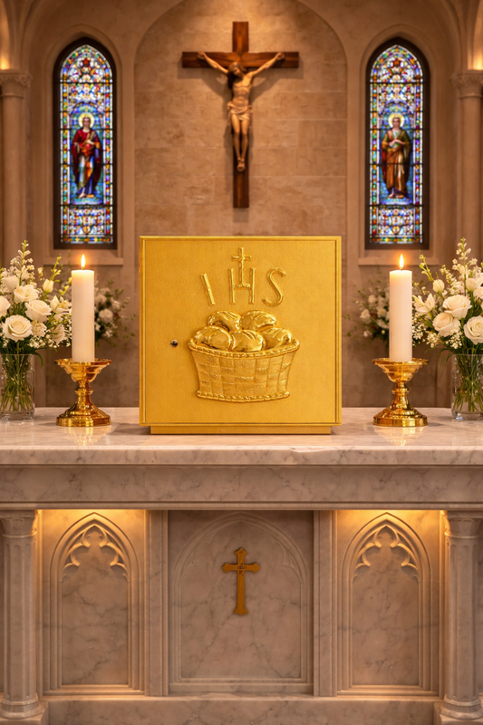 Single door gold plated tabernacle with loaves and IHS. Made in Italy and sold by The Clergy Store