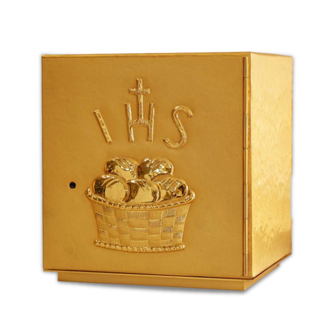 Single door gold plated tabernacle with loaves and IHS. Made in Italy and sold by The Clergy Store
