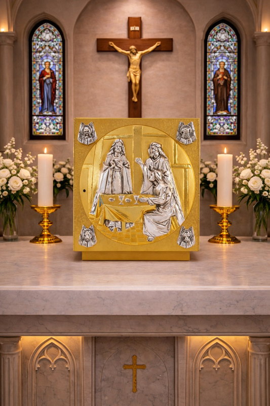 Single door tabernacle gold plated with The Last Supper and Four Evangelist. Made in Italy and sold by The Clergy Store