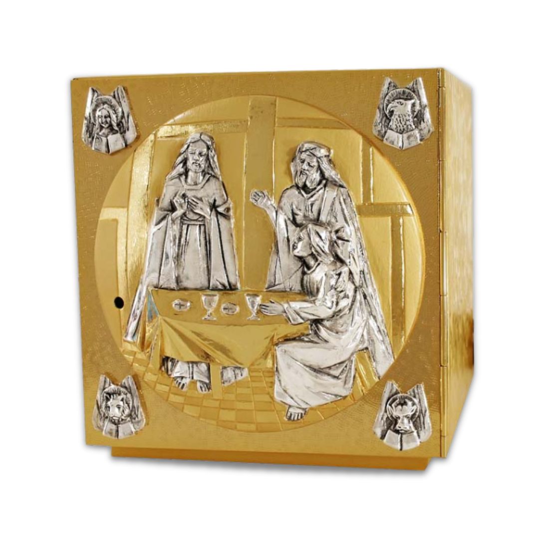 Single door tabernacle gold plated with The Last Supper and Four Evangelist. Made in Italy and sold by The Clergy Store