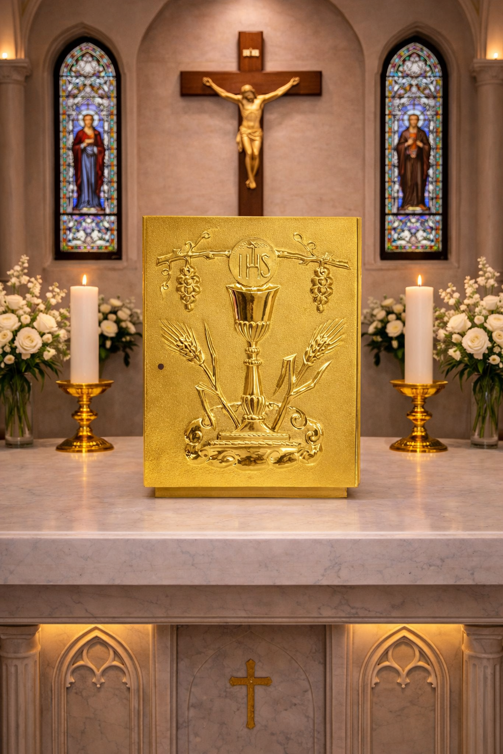Single door tabernacle with chiseled image of a chalice, grapes, and ears of wheat with a gold finish. Made in Italy and sold by The Clergy Store