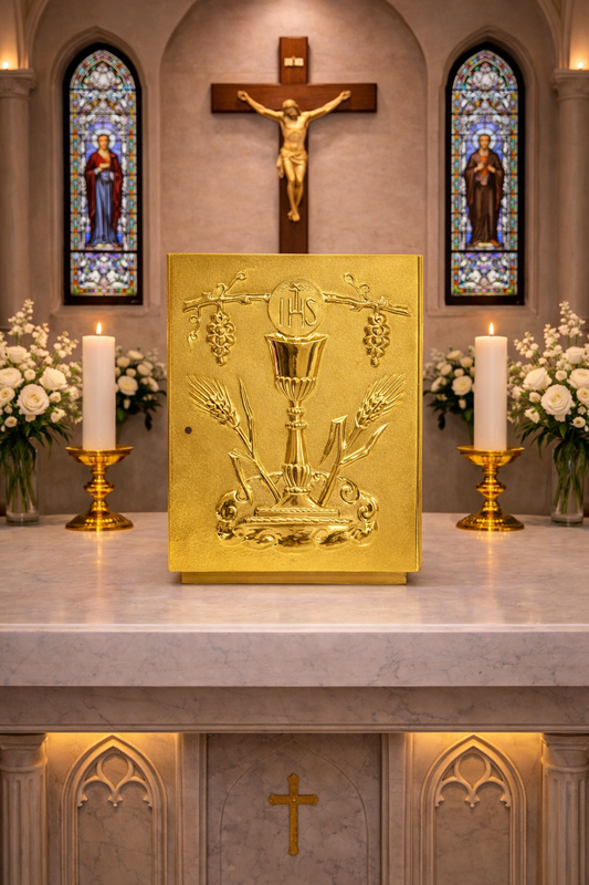 Single door tabernacle with chiseled image of a chalice, grapes, and ears of wheat with a gold finish. Made in Italy and sold by The Clergy Store