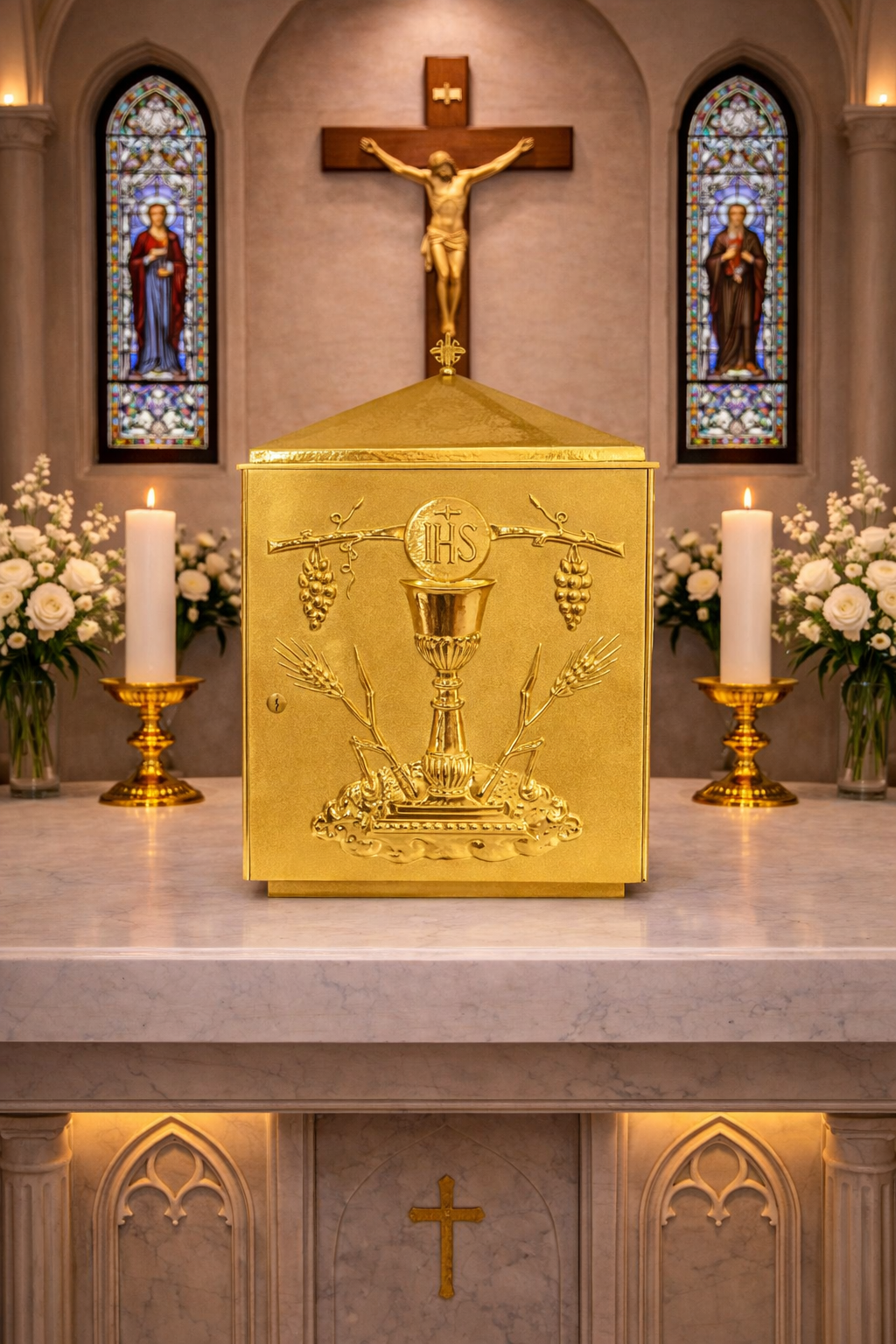 Single door tabernacle with chiseled image of a chalice, grapes, and ears of wheat with a gold finish. Made in Italy and sold by The Clergy Store