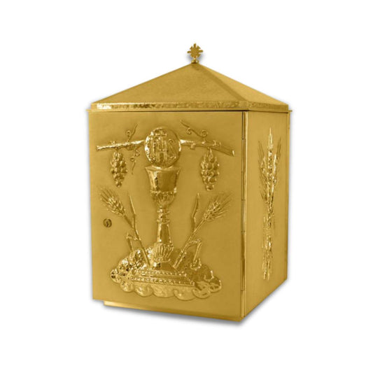 Single door tabernacle with chiseled image of a chalice, grapes, and ears of wheat with a gold finish. Made in Italy and sold by The Clergy Store