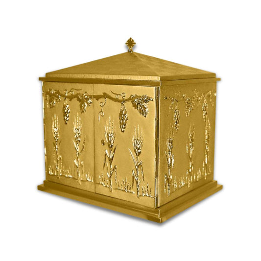Double door tabernacle gold plated with ears of wheat, grapes. Made in Italy and sold by The Clergy Store