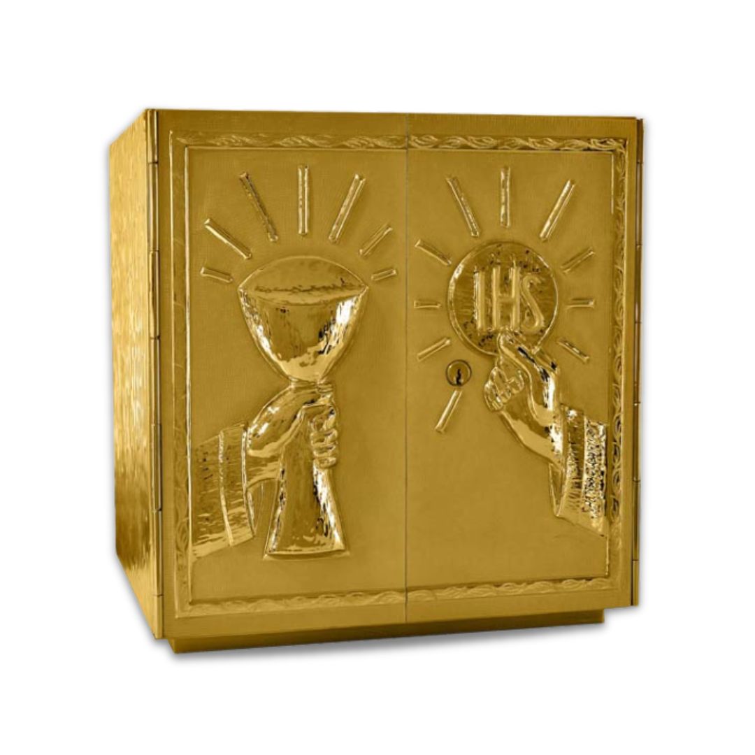 Double door tabernacle with  a design of chalice and IHS Made in Italy and sold by The Clergy Store