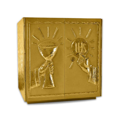Double door tabernacle with  a design of chalice and IHS Made in Italy and sold by The Clergy Store