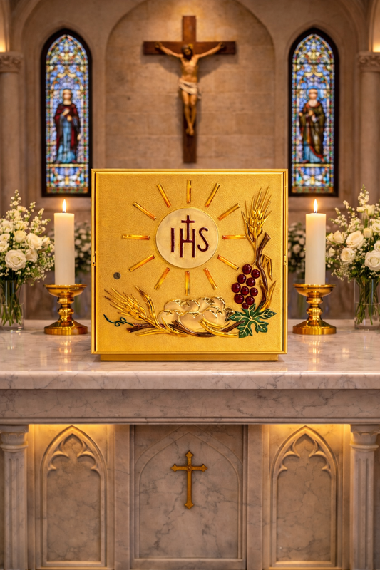 Single door tabernacle gold plated with ears of wheat, grapes, IHS made from enamel. Made in Italy and sold by The Clergy Store