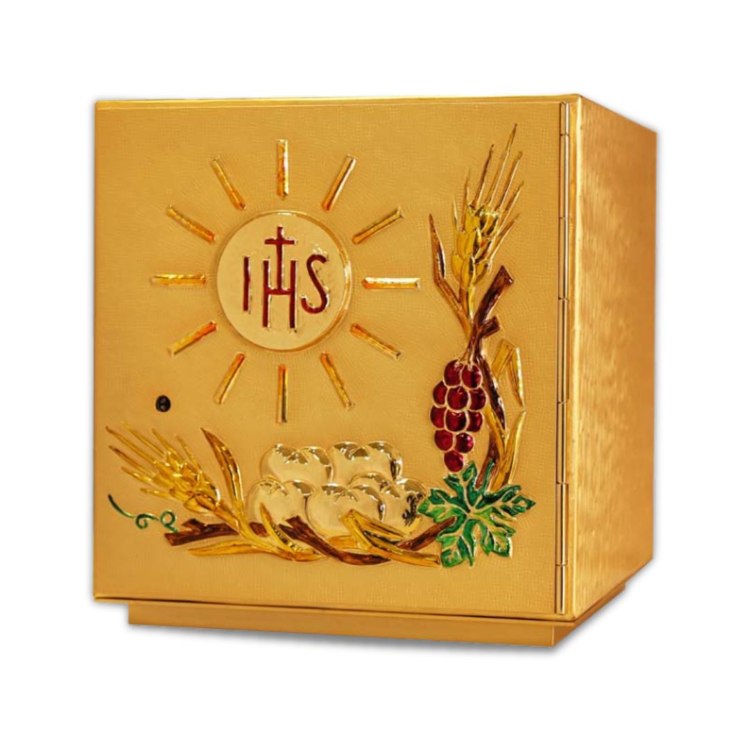 Single door tabernacle gold plated with ears of wheat, grapes, IHS made from enamel. Made in Italy and sold by The Clergy Store