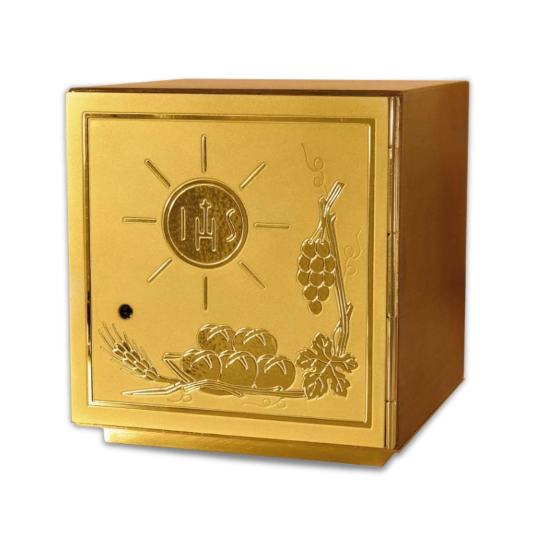 Single door tabernacle in a wood casing with ears of wheat, grapes, IHS. Made in Italy and sold by The Clergy Store