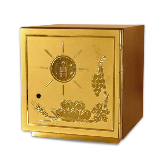 Single door tabernacle in a wood casing with ears of wheat, grapes, IHS. Made in Italy and sold by The Clergy Store