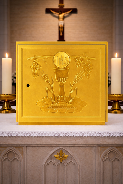 Single door tabernacle with chiseled image of a chalice, grapes, and ears of wheat sourrounded by a wood casing. Made in Italy and sold by The Clergy Store