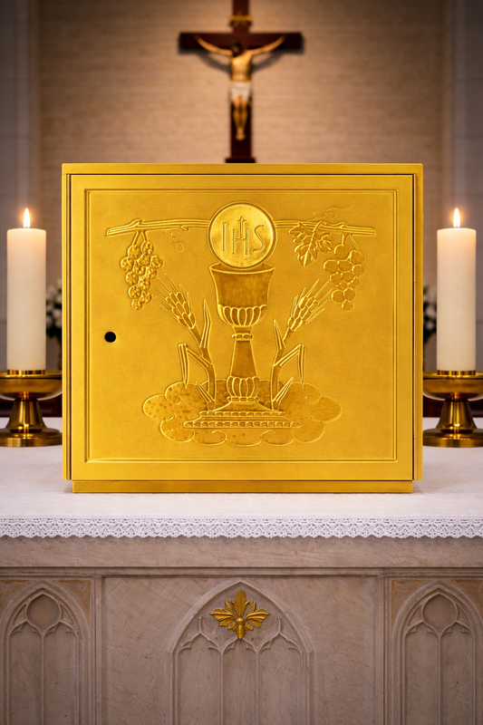 Single door tabernacle with chiseled image of a chalice, grapes, and ears of wheat sourrounded by a wood casing. Made in Italy and sold by The Clergy Store