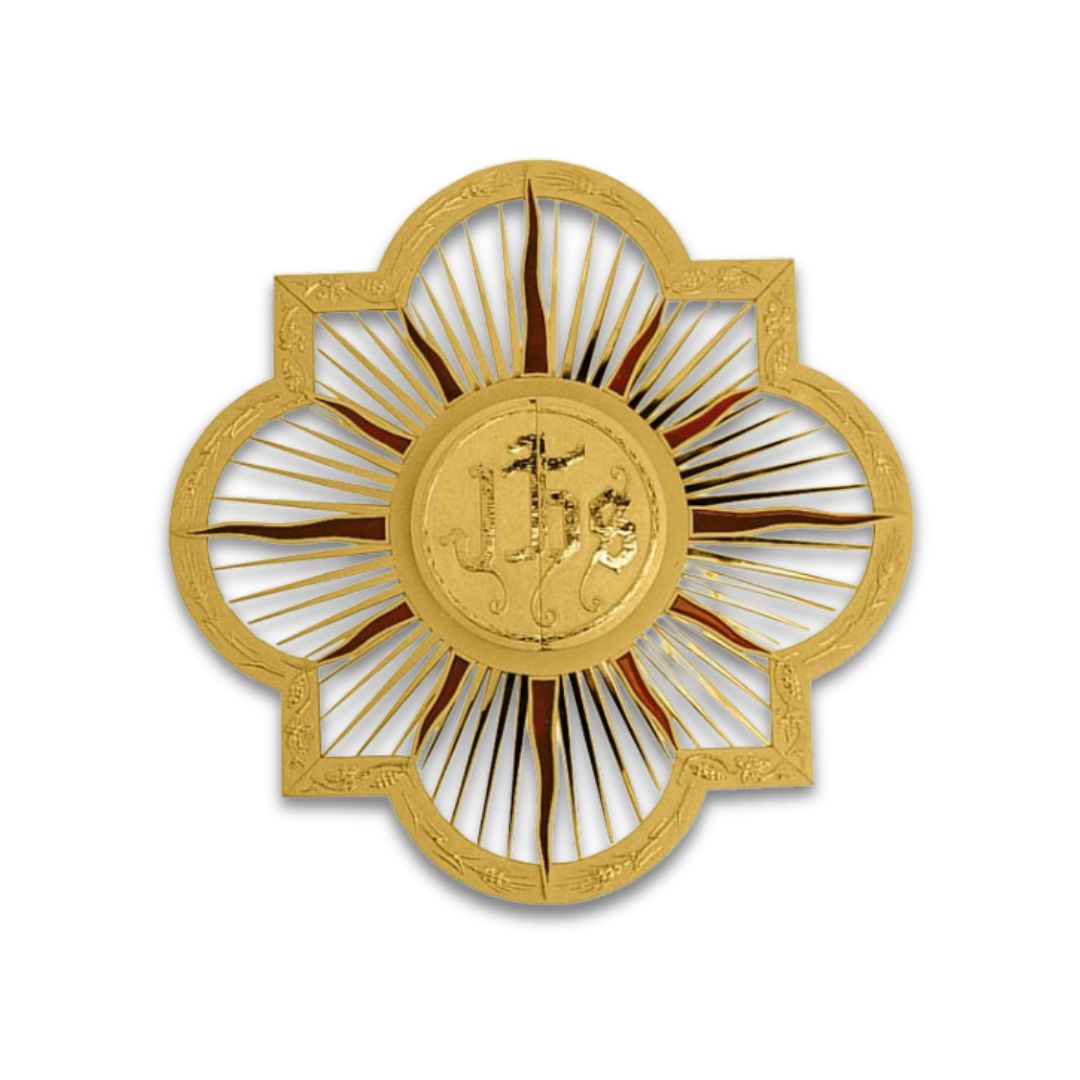 Contemporary 24K gold plated wall tabernacle with IHS and Rays. Made in Italy and sold by The Clergy Store