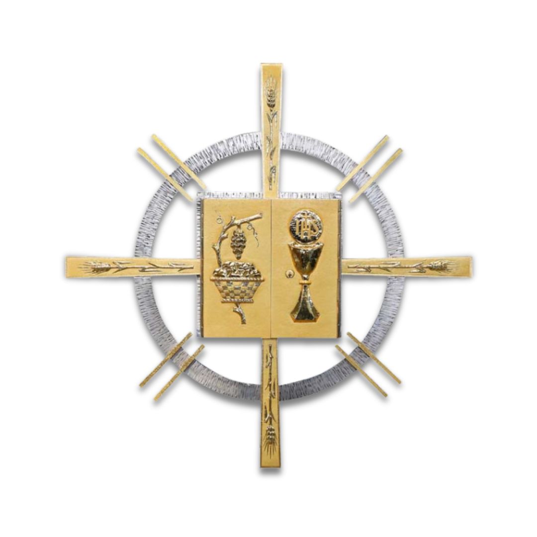 Contemporary 24K gold plated wall tabernacle with chalice, grapes and loaves. Made in Italy and sold by The Clergy Store