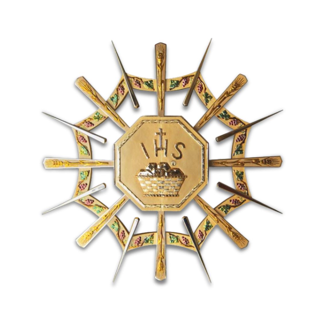 Contemporary 24K gold plated wall tabernacle with IHS, Loaves and rays. Made in Italy and sold by The Clergy Store