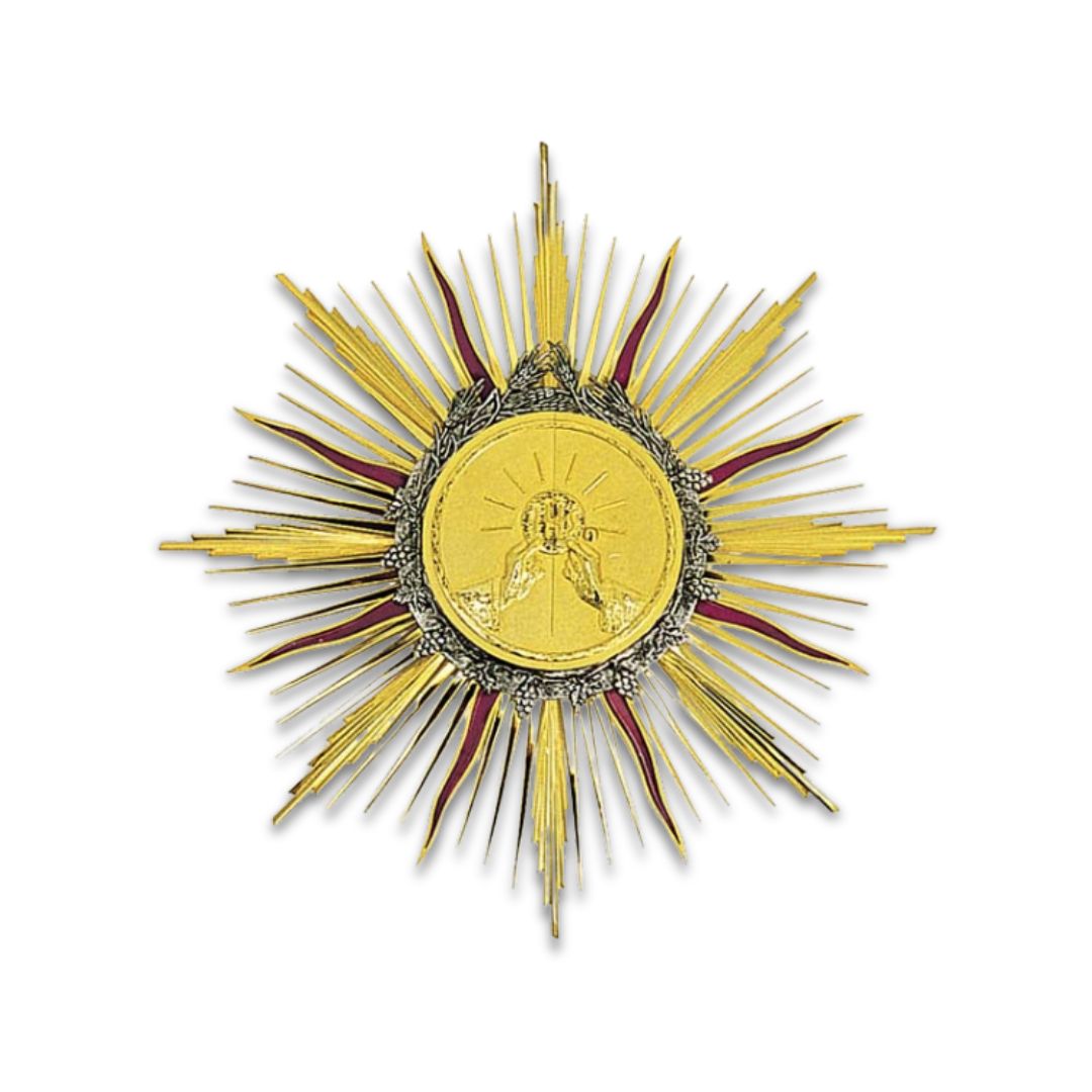 Contemporary 24K gold plated wall tabernacle with IHS and hand of god. Made in Italy and sold by The Clergy Store