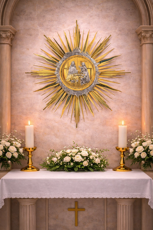 Contemporary 24K gold plated wall tabernacle with  Last Supper. Made in Italy and sold by The Clergy Store