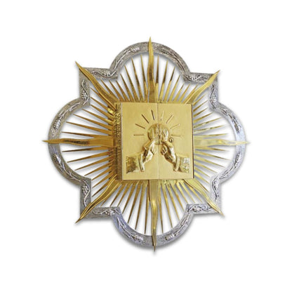 Contemporary 24K gold plated wall tabernacle with  chiseled Hands of God. Made in Italy and sold by The Clergy Store