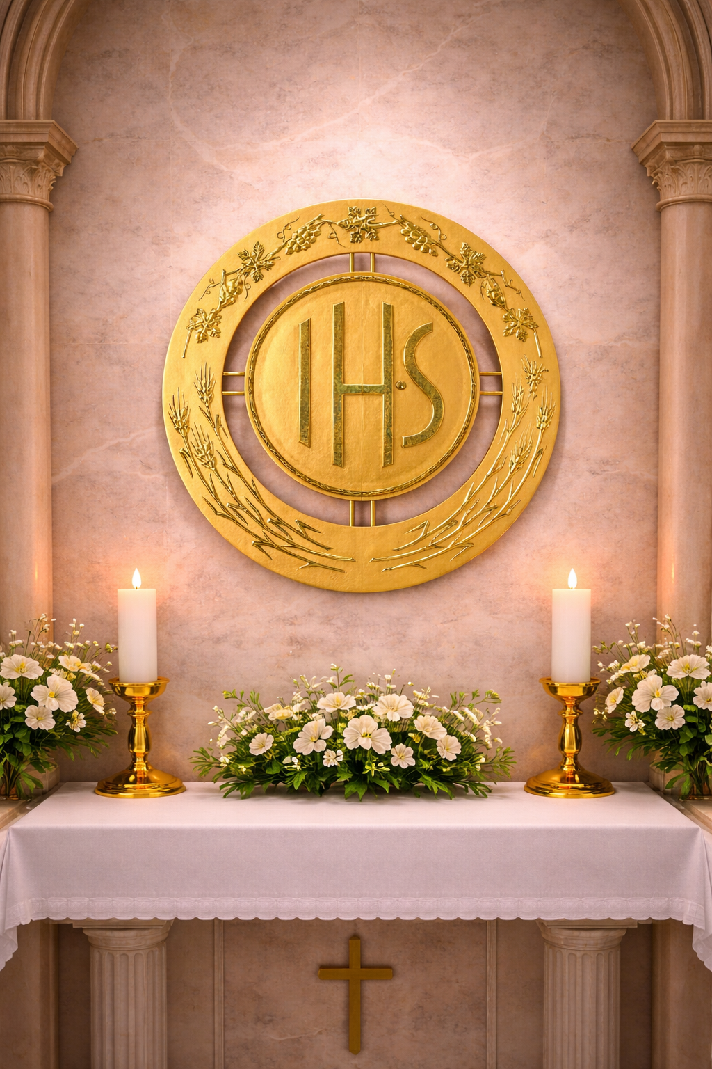 Contemporary 24K gold plated wall tabernacle with  chiseled image of IHS. Made in Italy and sold by The Clergy Store