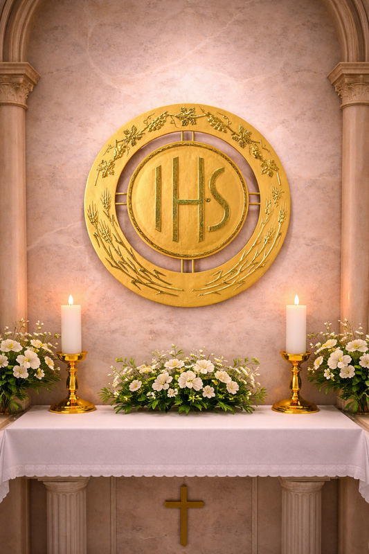 Contemporary 24K gold plated wall tabernacle with  chiseled image of IHS. Made in Italy and sold by The Clergy Store