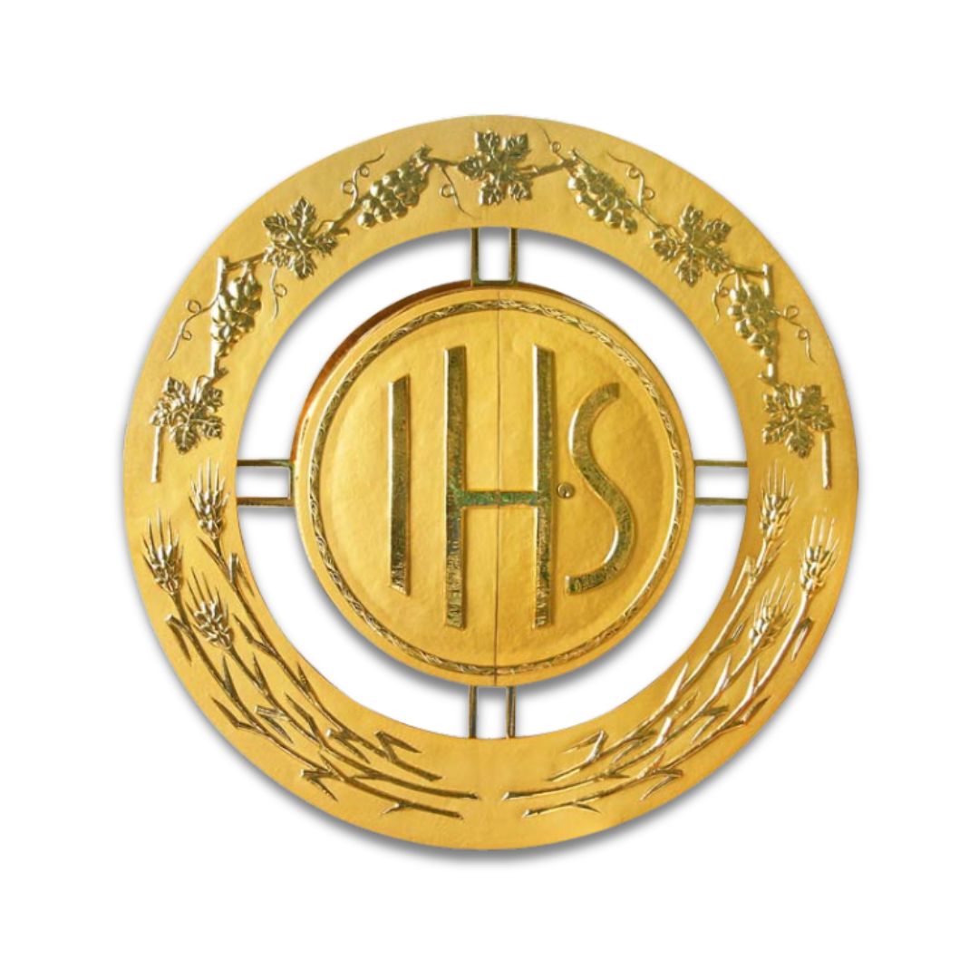 Contemporary 24K gold plated wall tabernacle with  chiseled image of IHS. Made in Italy and sold by The Clergy Store