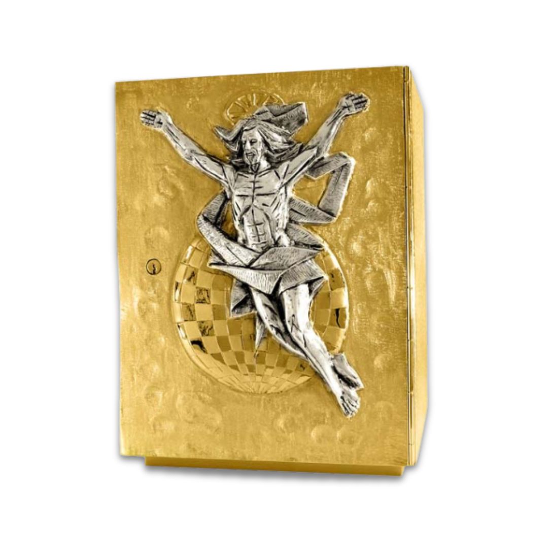 Single door tabernacle gold plated with Risen Christ. Made in Italy and sold by The Clergy Store