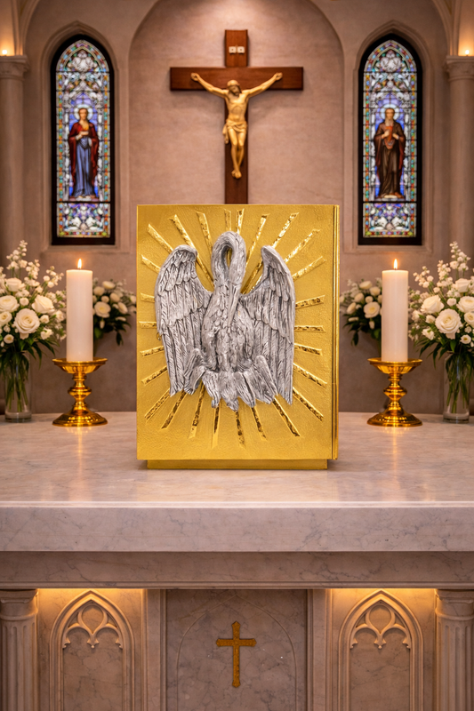 Single door tabernacle gold plated with Pelican. Made in Italy and sold by The Clergy Store