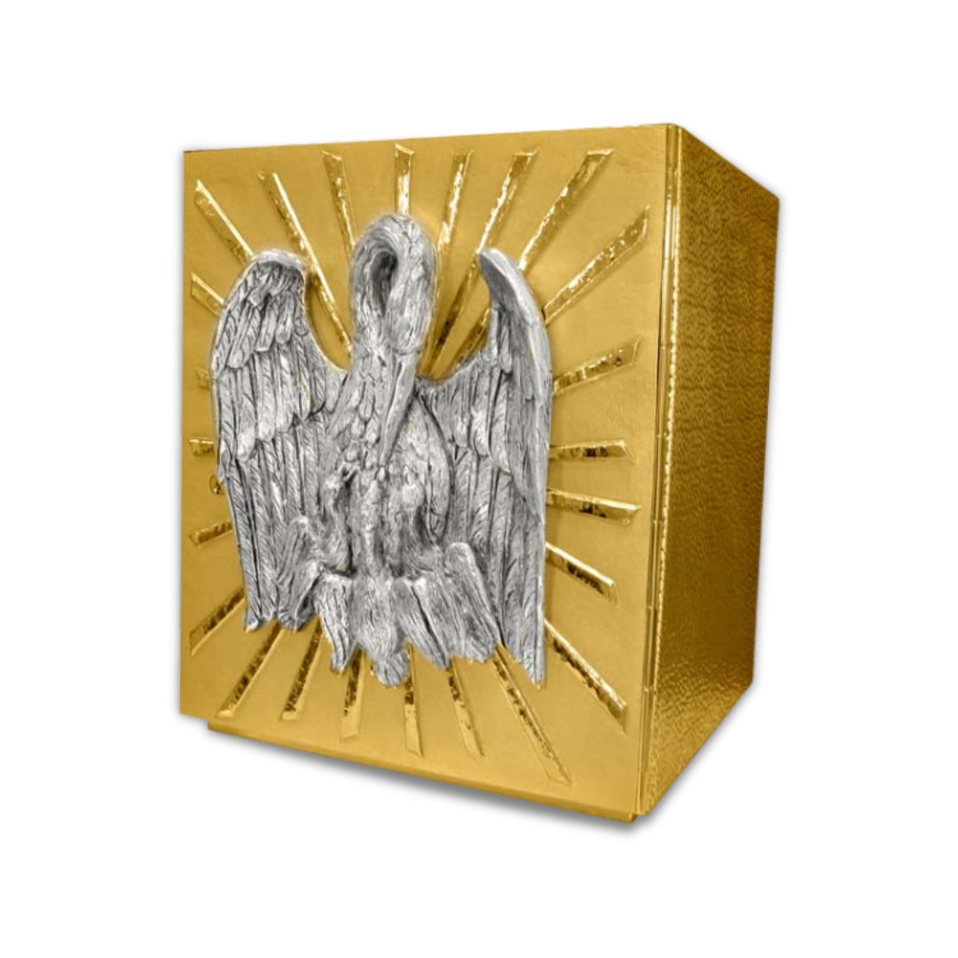 Single door tabernacle gold plated with Pelican. Made in Italy and sold by The Clergy Store