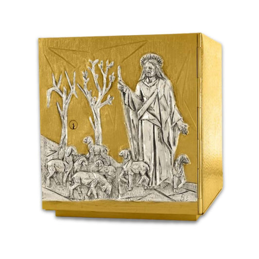 Single door tabernacle gold plated with Jesus and sheep. Made in Italy and sold by The Clergy Store