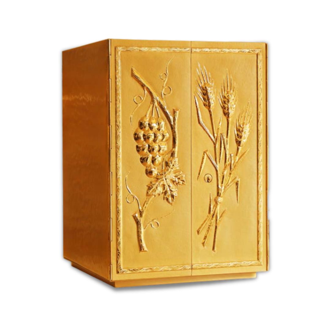Double door tabernacle gold plated with ears of wheat, grapes. Made in Italy and sold by The Clergy Store