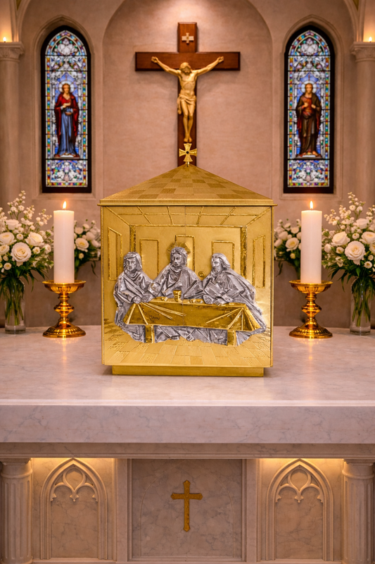 Double door tabernacle gold plated with the Last Supper. Made in Italy and sold by The Clergy Store