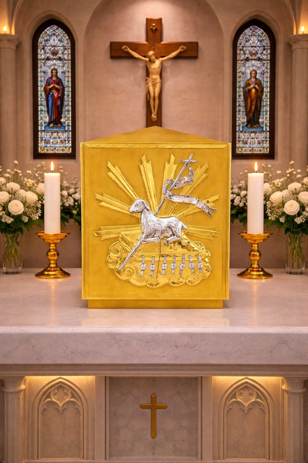Double door tabernacle gold plated with Good Shepherd. Made in Italy and sold by The Clergy Store