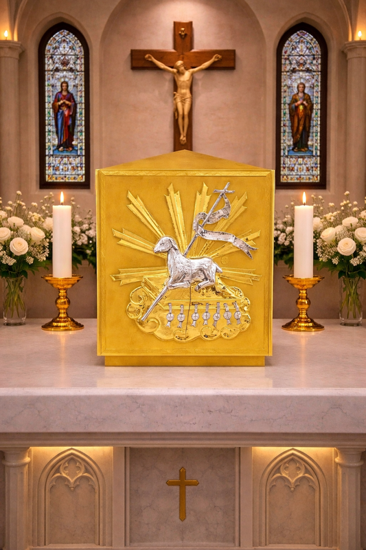 Double door tabernacle gold plated with Good Shepherd. Made in Italy and sold by The Clergy Store