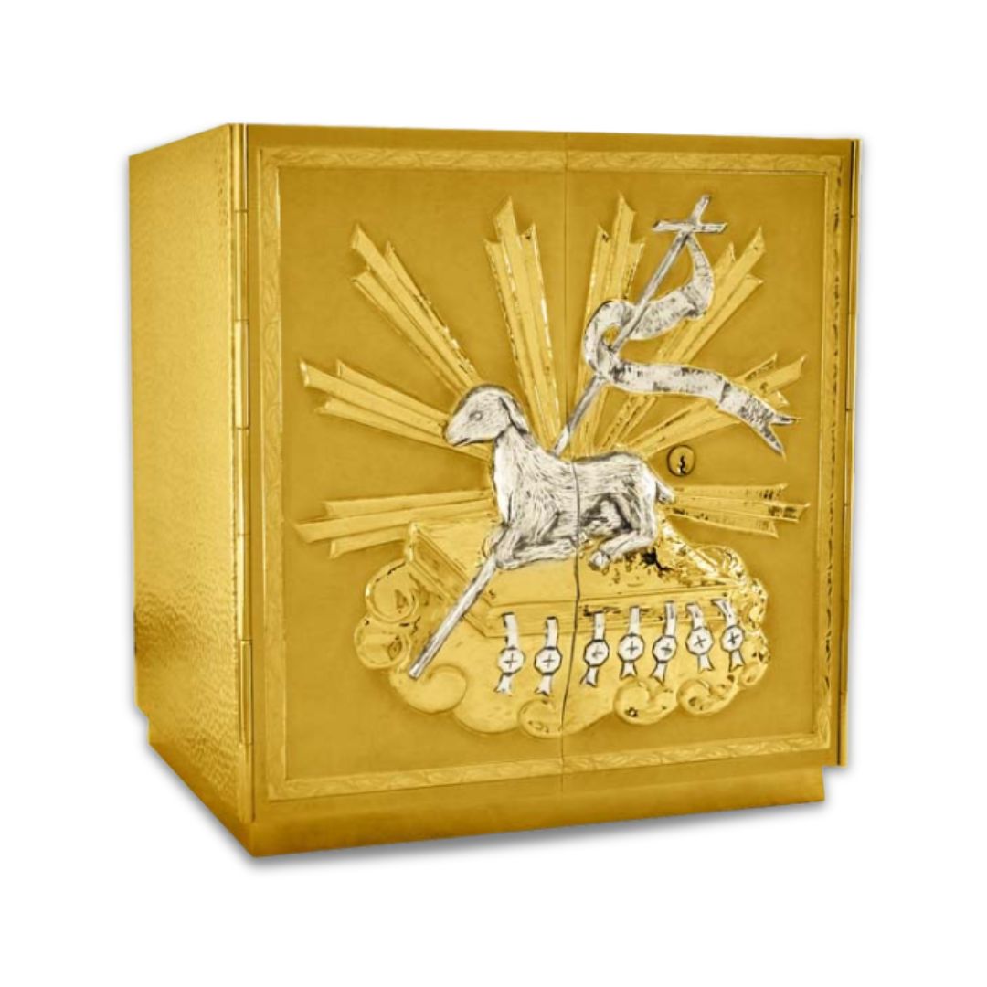 Double door tabernacle gold plated with Good Shepherd. Made in Italy and sold by The Clergy Store