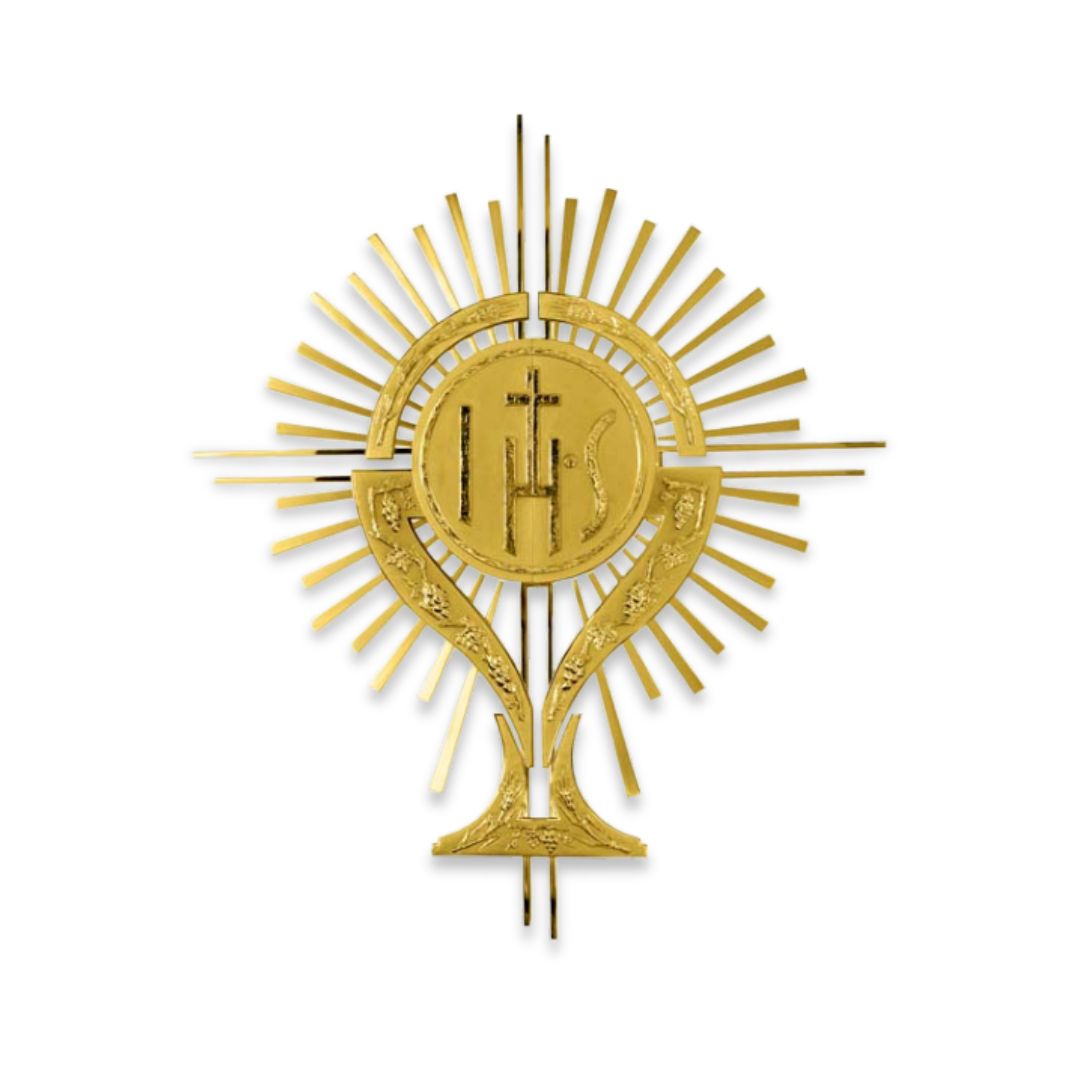 Contemporary 24K gold plated wall tabernacle with IHS and rays. Made in Italy and sold by The Clergy Store