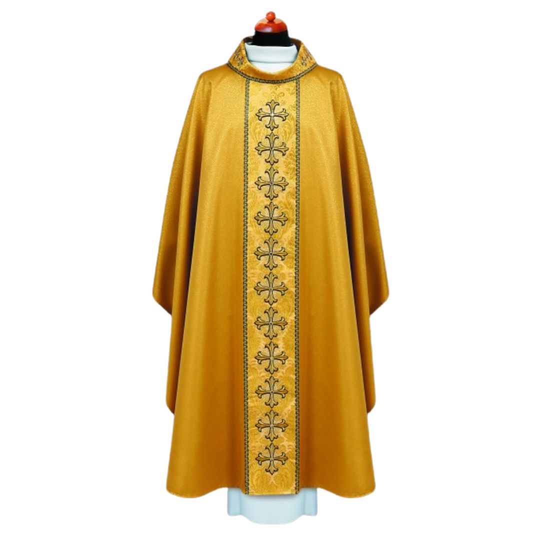 All Gold chasuble with embroidered crosses and brocade orphrey. Made in Poland and sold by The Clergy Store.